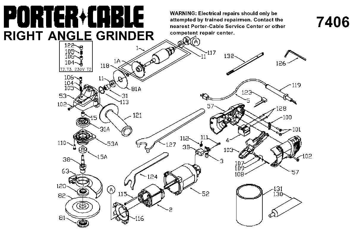 Default Diagram and Parts List for Type 4 Porter Cable Grinder
